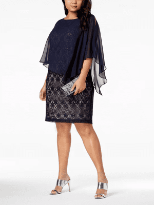 Connected Plus Size Chiffon-Overlay Lace NavyMocha 22W