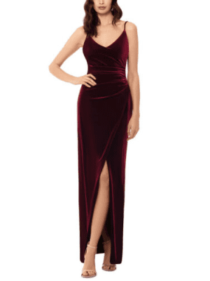 Betsy Adam Draped Velvet Slit Gown Burgundy 2