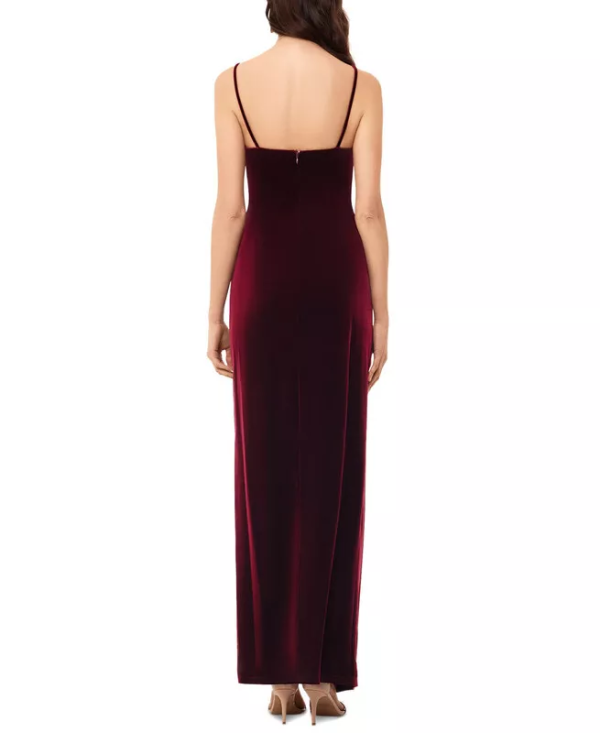 Betsy Adam Draped Velvet Slit Gown Burgundy 2