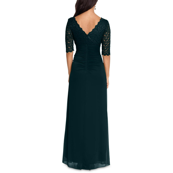 Betsy Adam Lace-Top Waterfall-Detail Gown Pine 10