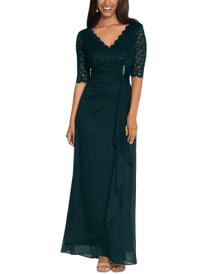 Betsy Adam Lace-Top Waterfall-Detail Gown Pine 10