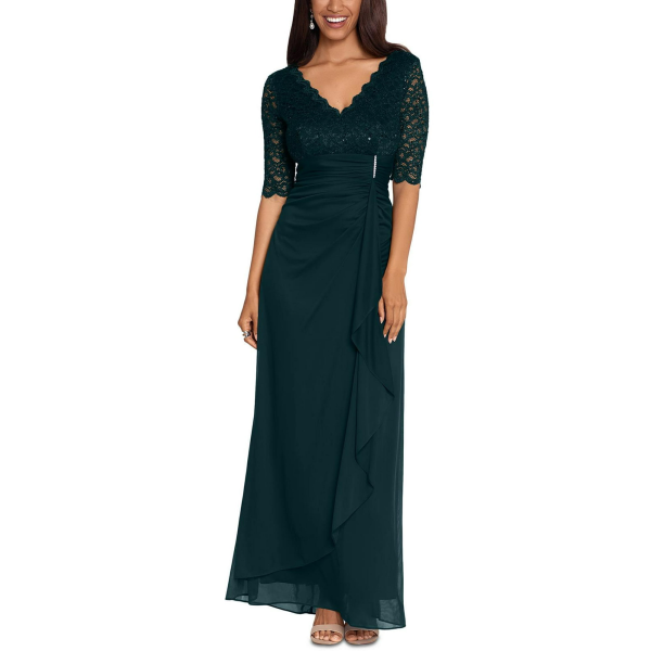 Betsy Adam Lace-Top Waterfall-Detail Gown Pine 10