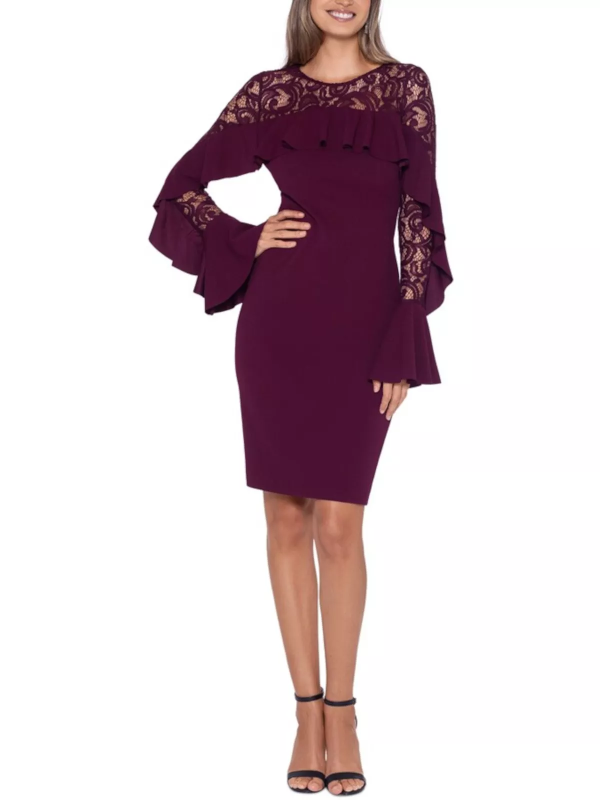 Betsy Adam Ruffled Lace-Yoke Sheath Dress Burgundy 10