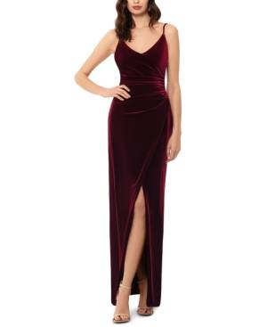 Betsy Adam Draped Velvet Slit Gown Burgundy 2