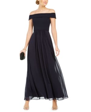 Adrianna Papell Off-The-Shoulder Chiffon Gown Midnight Navy Blue 14