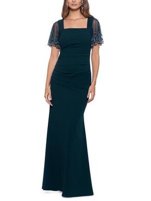 Betsy Adam Beaded Flutter-Sleeve Gown Pine 8