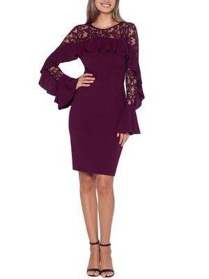 Betsy Adam Ruffled Lace-Yoke Sheath Dress Burgundy 10