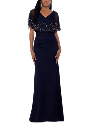 Betsy Adam Petite Beaded Capelet Gown NavySilver 6P