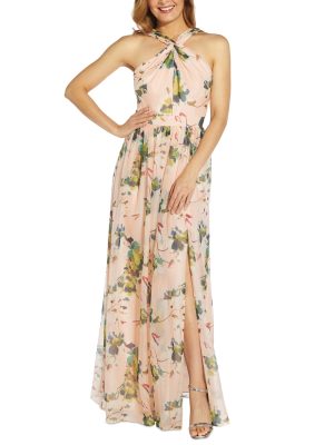 Adrianna Papell Floral-Print Twist Halter Gown Champagne 16