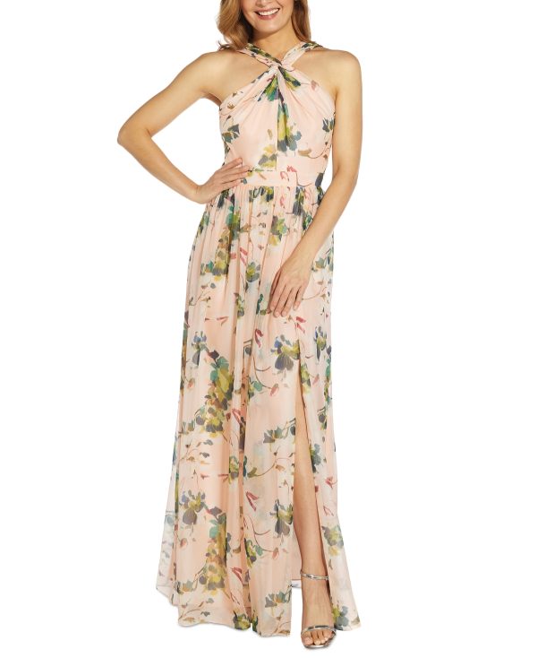 Adrianna Papell Floral-Print Twist Halter Gown Champagne 16