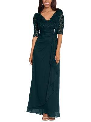 Betsy Adam Lace-Top Waterfall-Detail Gown Pine 10