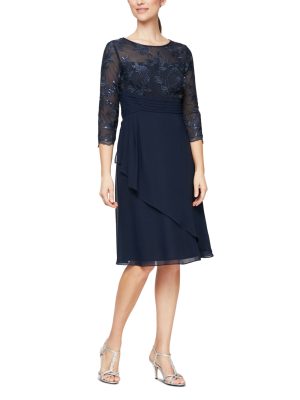 Alex Evenings Womens Embellished Shift Dres Navy 16