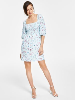 Bar III Printed Smocked Convertible Dr Aqua Light Floral XS