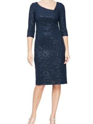 Alex Evenings Asymmetric Embellished Lace Sh Navy 14