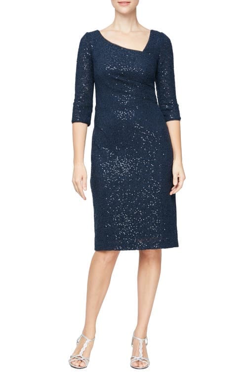 Alex Evenings Asymmetric Embellished Lace Sh Navy 14