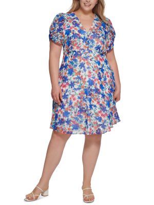 Calvin Klein Plus Size Printed Puff-Sleeve Atlantis Multi 16W