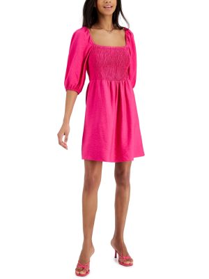 Bar III Womens Puff-Sleeve Smocked Dr Sunset Rose S