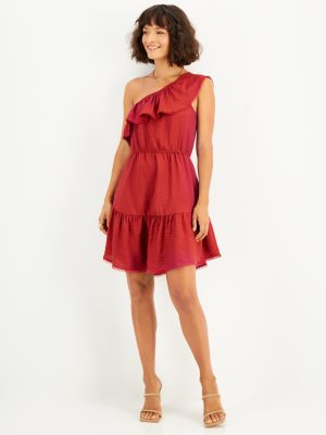 Bar III Womens One-Shoulder Ruffled-H Red Canyon L