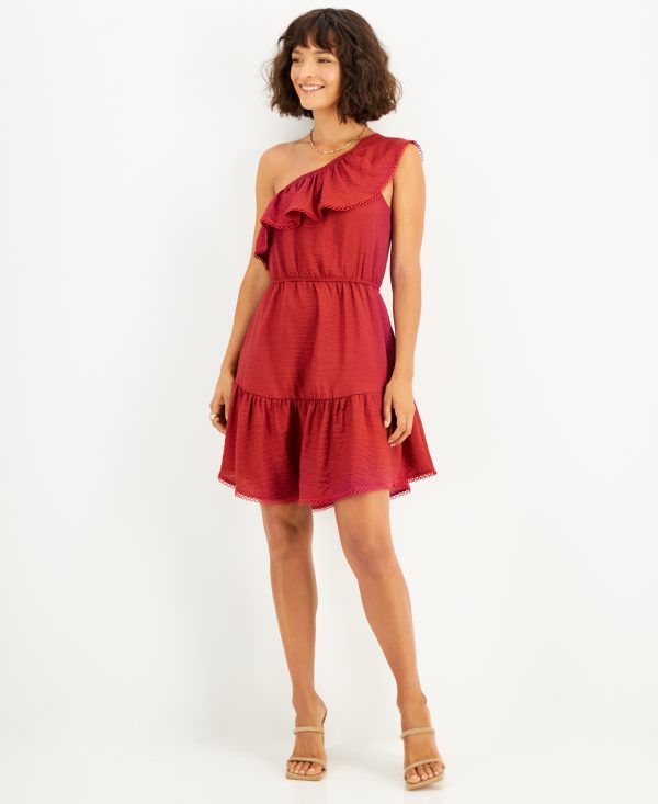 Bar III Womens One-Shoulder Ruffled-H Red Canyon L