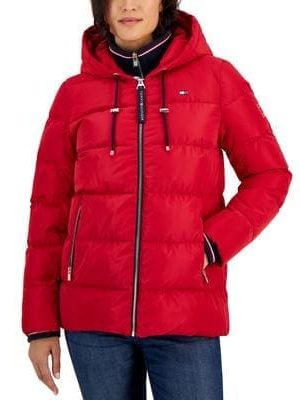 Tommy Hilfiger Womens Hooded Ribbed-Collar P Chili Pepper XS