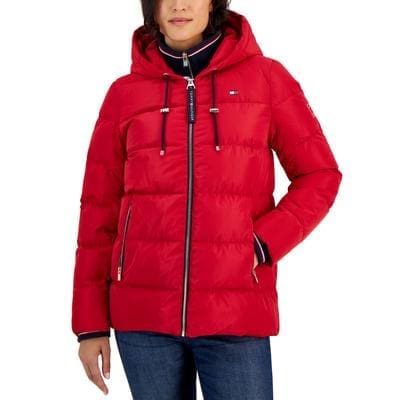 Tommy Hilfiger Womens Hooded Ribbed-Collar P Chili Pepper XS