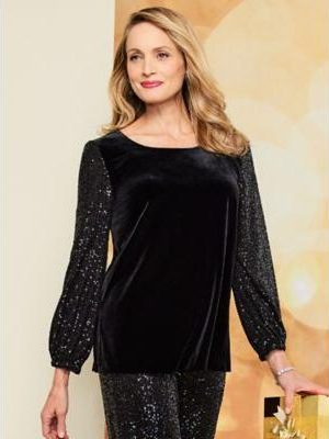 Alex Evenings Plus Size Velvet Sequined-Slee Black 1X