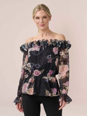 Adrianna Papell Womens Ruffled Off-The-Should Black Multi 16