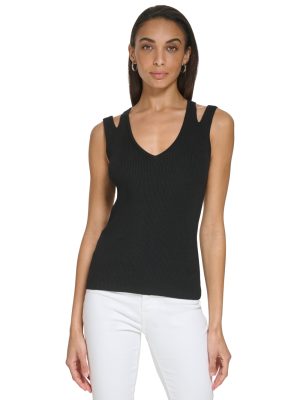 Calvin Klein Womens Cut-Out-Shoulder Ribbe Black XL