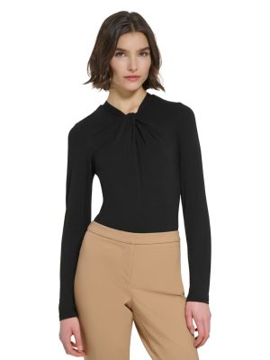 Calvin Klein Womens Twist-Neck Long-Sleeve Black L