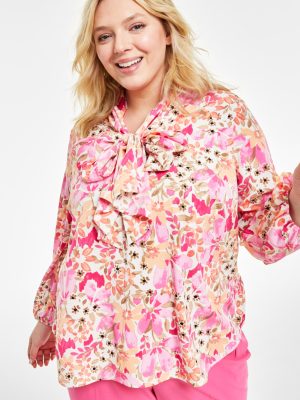 Bar III Plus Size Floral-Print Tie-Nec Rose Bloom Multi 2X