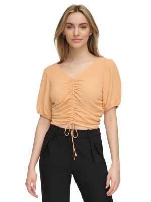 Calvin Klein Womens Drawstring-Ruched Puff Caramel S