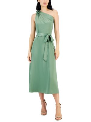 Anne Klein Womens One-Shoulder Tie-Waist Green Loden 10