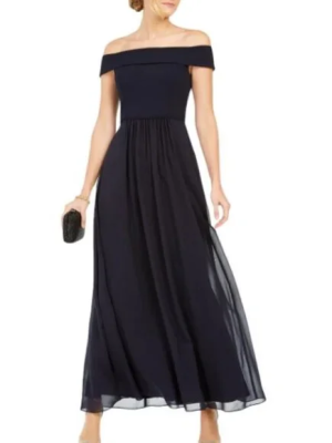 Adrianna Papell Off-The-Shoulder Chiffon Gown Midnight Navy Blue 14