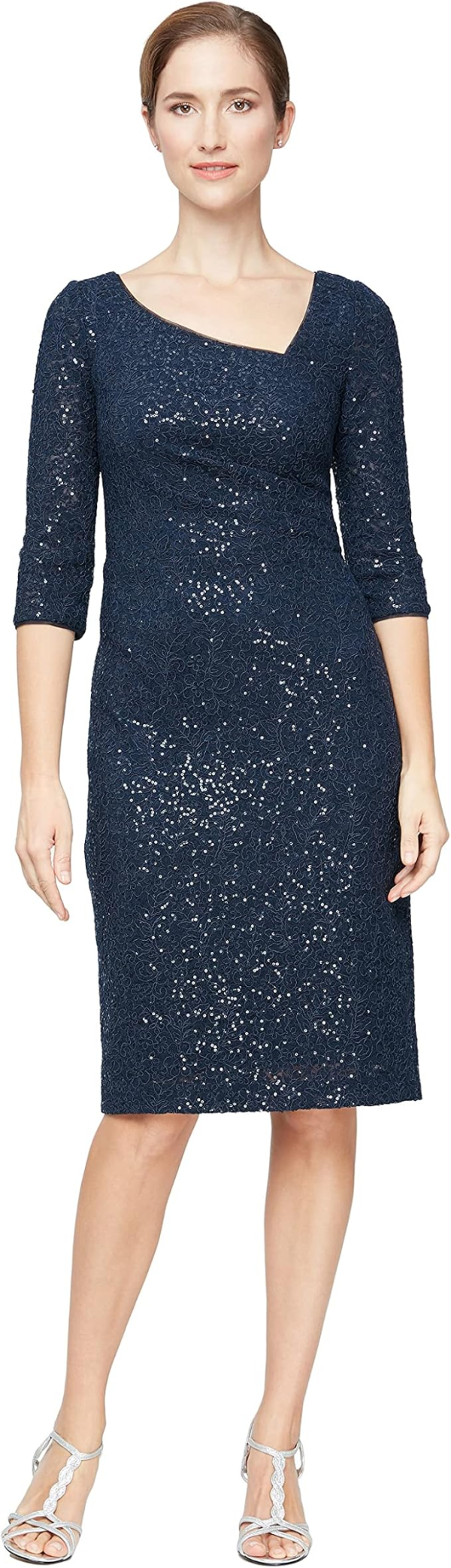 Alex Evenings Asymmetric Embellished Lace Sh Navy 14