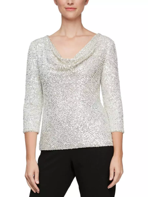 Alex Evenings Petite Sequined Cowlneck 34-S Ivory Silver PM