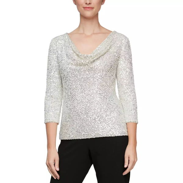 Alex Evenings Petite Sequined Cowlneck 34-S Ivory Silver PM