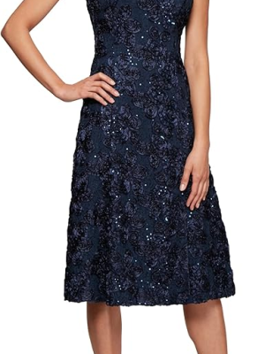 Alex Evenings Plus Size Rosettes Lace A-Line Navy 16W