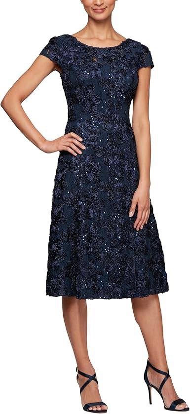 Alex Evenings Plus Size Rosettes Lace A-Line Navy 16W