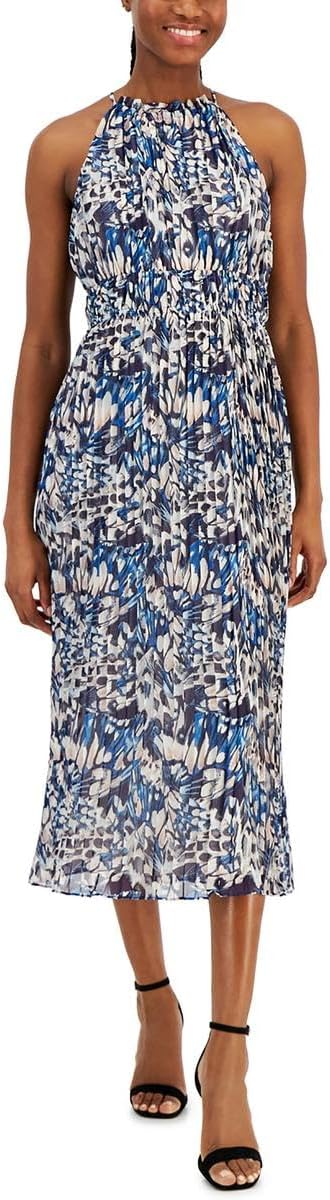 Anne Klein Womens Printed High-Neck Plea Tropical Blue 8