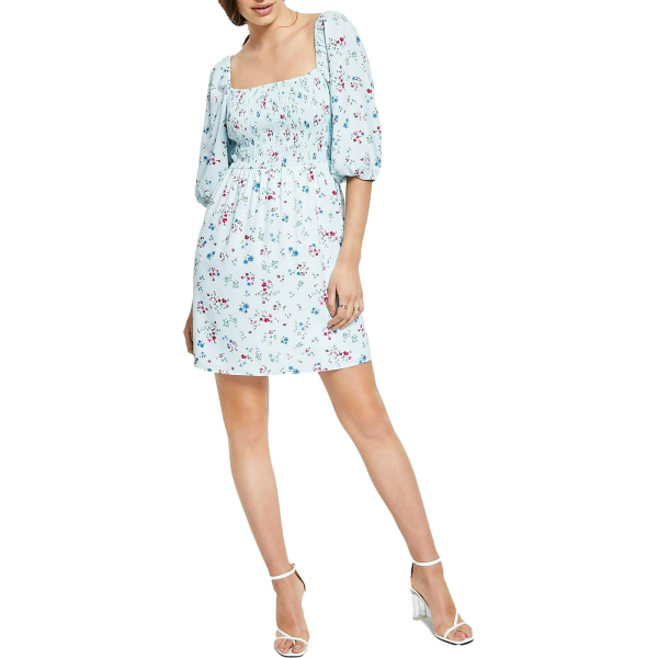 Bar III Printed Smocked Convertible Dr Aqua Light Floral XS