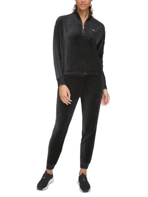 Tommy Hilfiger Womens Cropped Velour Pullove Black S