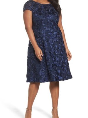 Alex Evenings Plus Size Rosettes Lace A-Line Navy 16W