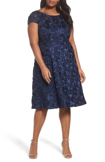 Alex Evenings Plus Size Rosettes Lace A-Line Navy 16W