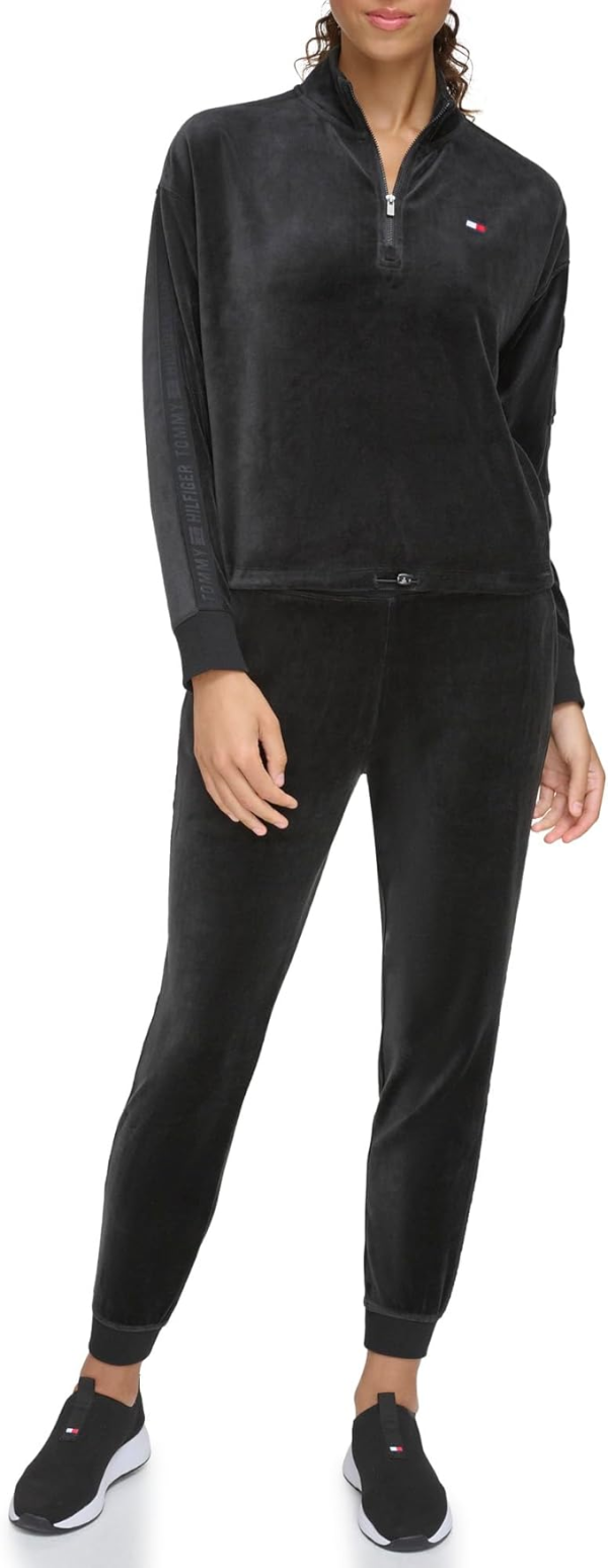 Tommy Hilfiger Womens Cropped Velour Pullove Black S