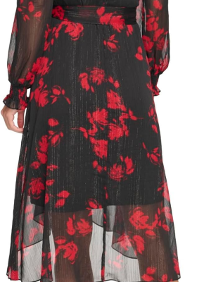 DKNY Womens Printed Chiffon Faux-W BlackScarlet 8