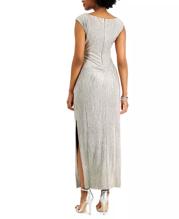 Connected Petite Cowlneck Metallic Gown Stone Gray 4P