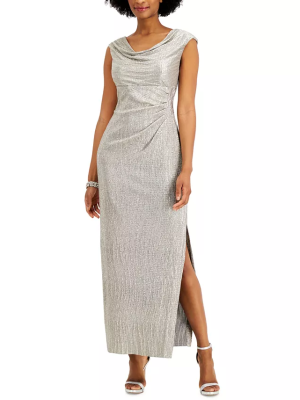 Connected Petite Cowlneck Metallic Gown Stone Gray 4P