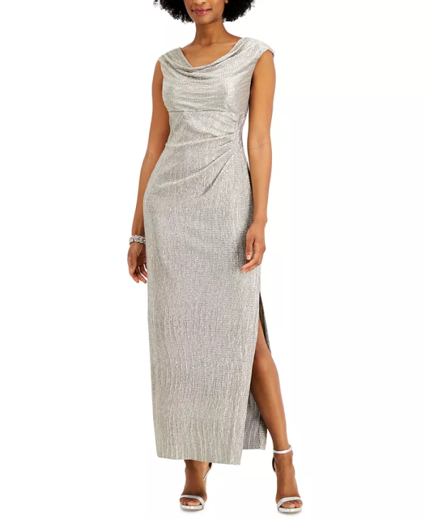 Connected Petite Cowlneck Metallic Gown Stone Gray 4P